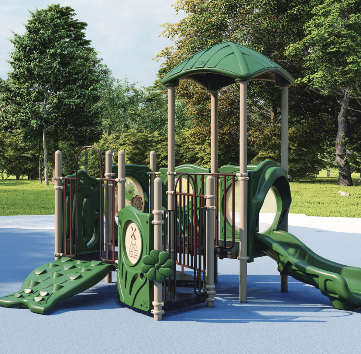 Playground structure with green slides and climbing features, designed for community engagement and outdoor recreation, surrounded by trees in a vibrant park setting.