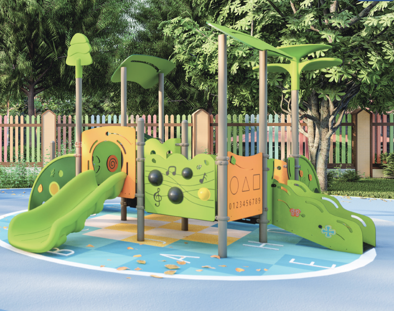 Colorful playground structure with slides, musical elements, and educational panels, surrounded by greenery and a safety surface, reflecting inclusive and engaging play environments for children.