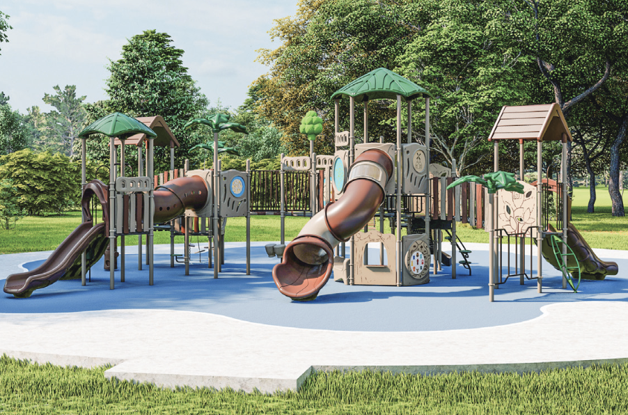Playground structure featuring slides, climbing areas, and shade canopies in a green outdoor setting, representing Shade and Play Pros' playground design services.