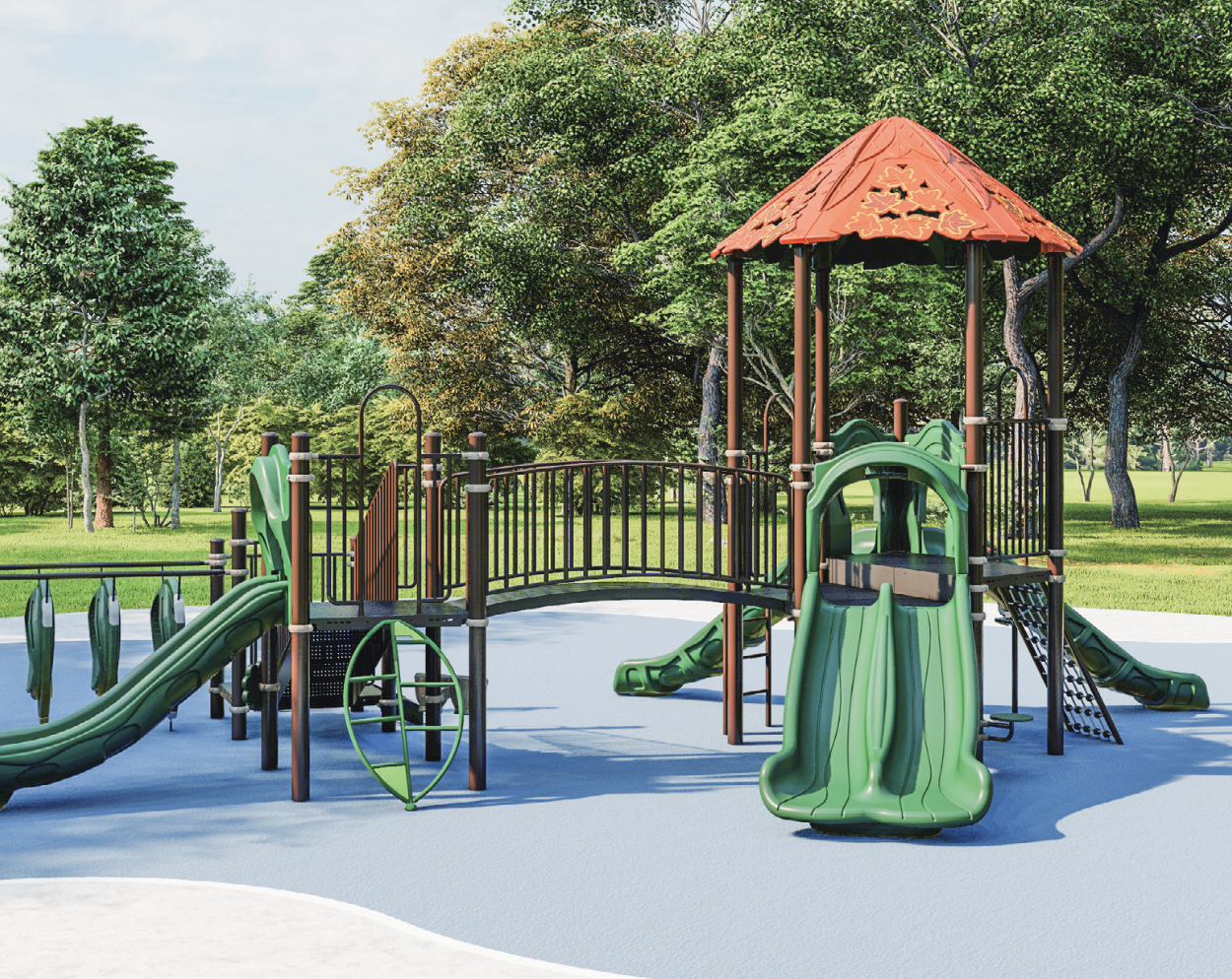 Screenshot 2025-01-30 at 11.56.29 AM Playground structure with green slides, climbing features, and a red roof, set in a vibrant outdoor space surrounded by trees, illustrating Shade and Play Pros' commitment to custom outdoor recreational designs.