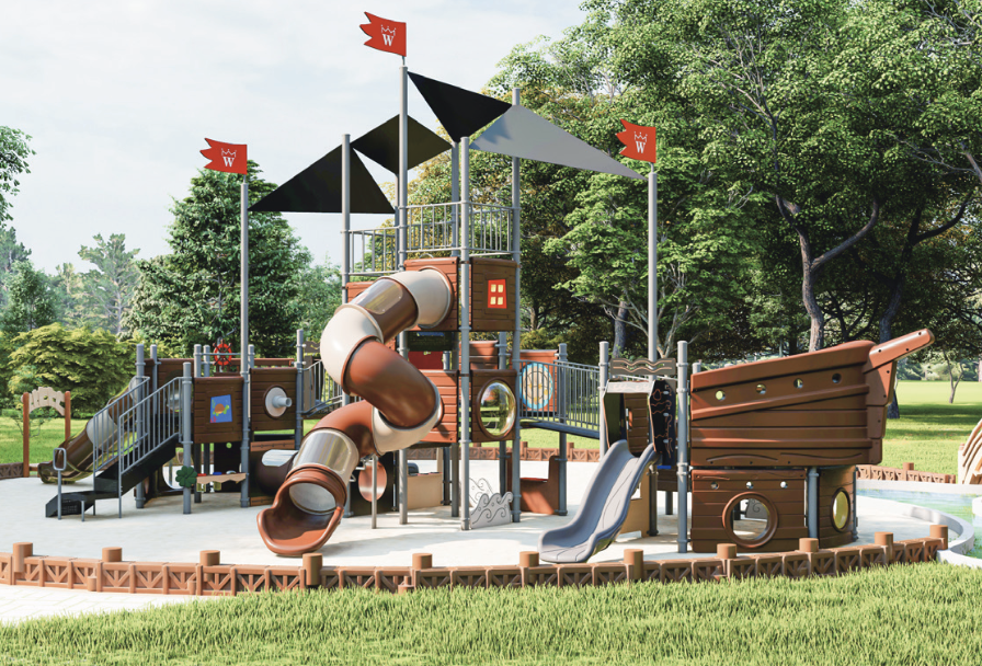 Screenshot 2025-01-30 at 11.56.59 AM Inclusive playground structure featuring a multi-level design with slides, sensory panels, pirate ship elements, and shaded areas, set in a green park environment, promoting social interaction and accessible play for children of all abilities.