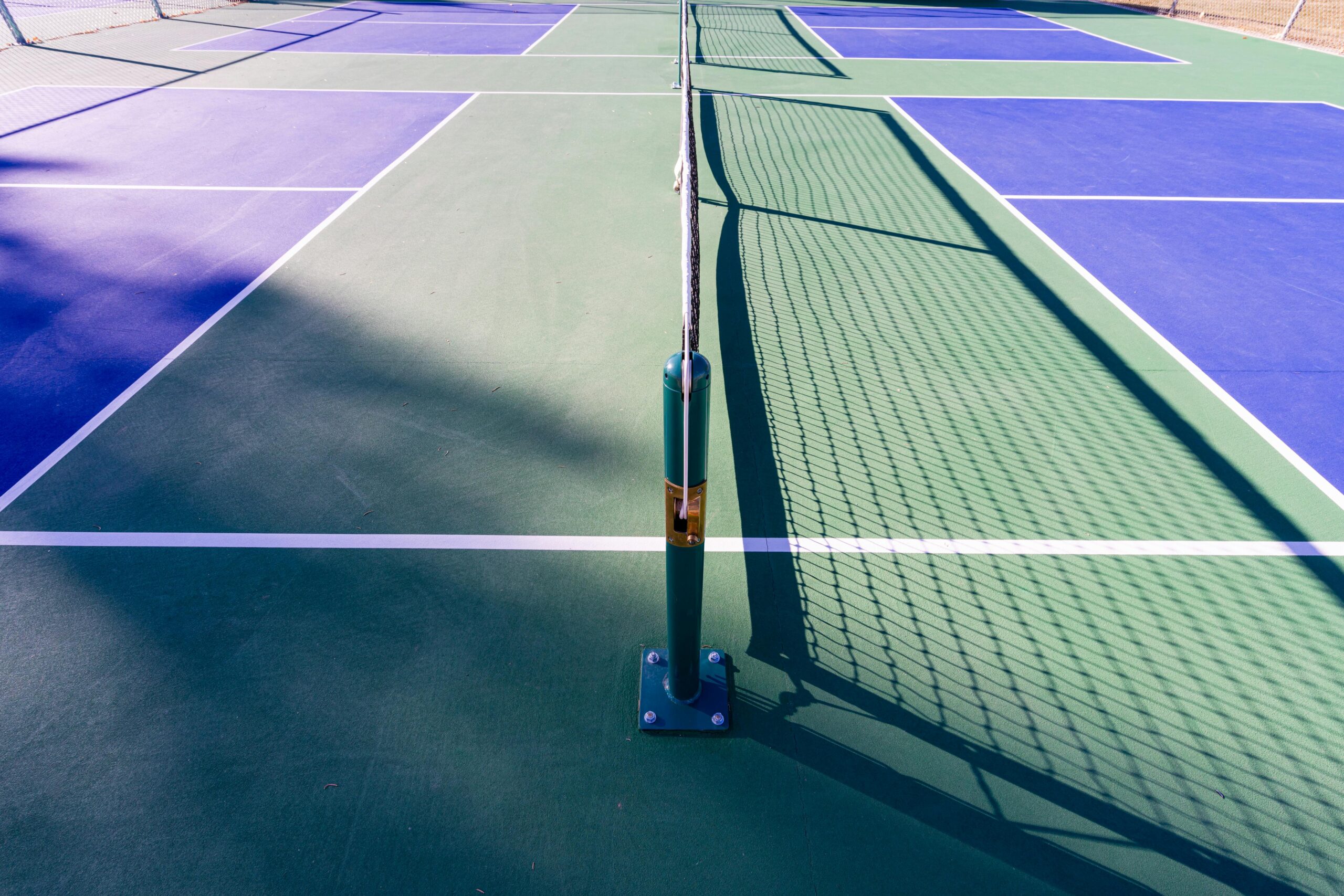 Pickleball court featuring a net and colorful court surfaces, emphasizing recreation spaces designed for all ages and community engagement.