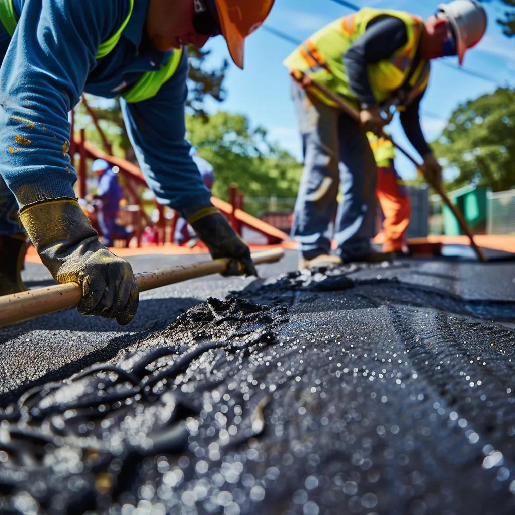 Workers applying poured-in-place rubber surfacing in a playground, focusing on safety and compliance in maintenance.