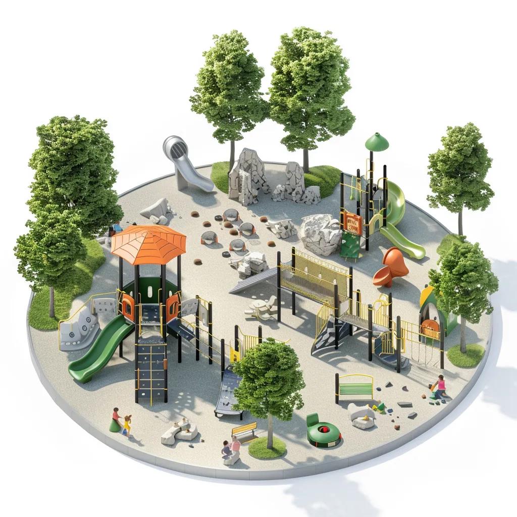 Playground design featuring various structures, slides, climbing elements, and natural landscaping, suitable for enhancing outdoor recreation spaces in North Carolina.