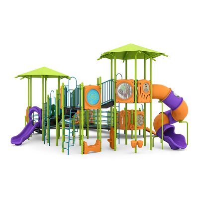 PDWP-350074C33-1-400x400 Colorful outdoor playground structure featuring slides, climbing areas, and interactive panels, designed to promote physical activity and motor skill development for children.