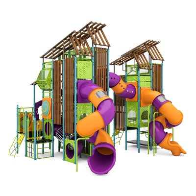 Colorful modern playground structure featuring interactive slides and climbing elements, designed for inclusive play and engagement in community parks.