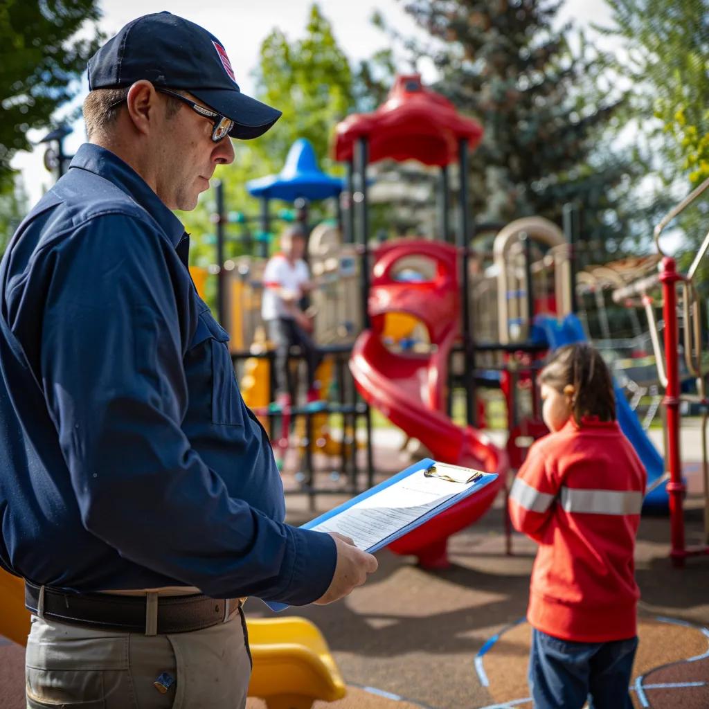 Playground safety inspector reviewing compliance checklist in front of colorful play equipment, with children playing in the background.