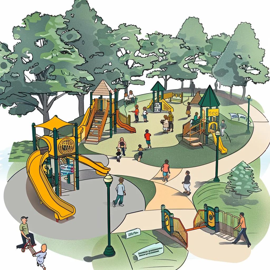 Playground design featuring children playing on slides and climbing structures, surrounded by trees and pathways, illustrating community engagement and recreational quality.