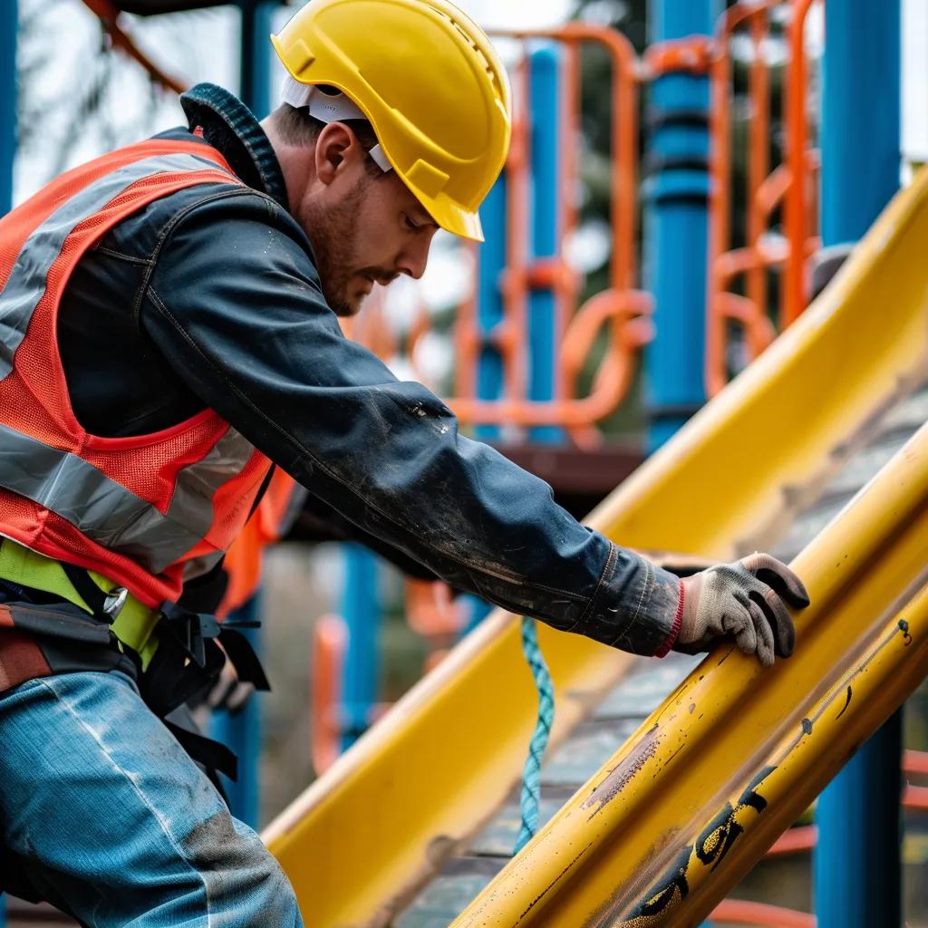 Worker in safety gear inspecting and maintaining outdoor fitness playground equipment, focusing on a yellow slide, emphasizing safety and maintenance for children's play areas.