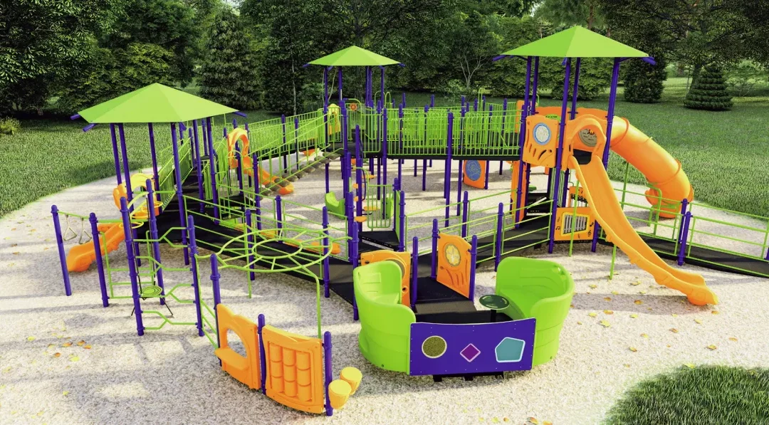 Colorful playground equipment with slides, climbing structures, and shaded areas designed for children's play in a North Carolina park setting.