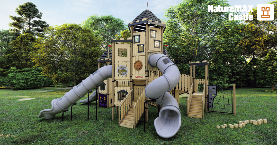 NatureMAX Castle playground structure with multiple slides, climbing features, and safety elements, designed for North Carolina parks, emphasizing compliance with safety standards and age-appropriate play.