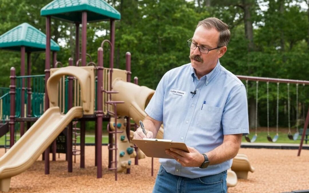 Certified Playground Safety Inspector assessing playground safety