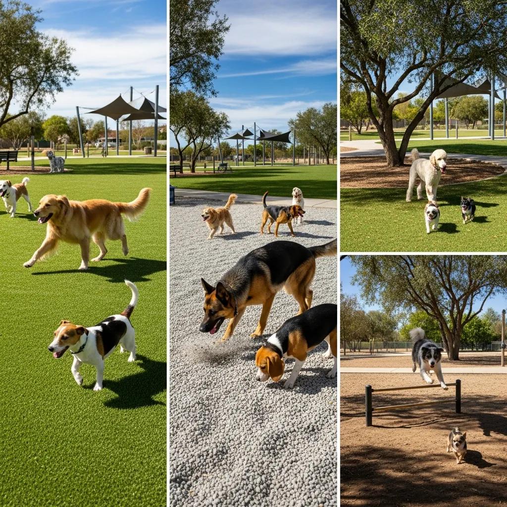 Dogs of various breeds playing on synthetic grass and gravel surfaces in a sunny dog park, highlighting the influence of size and climate on surfacing choices.